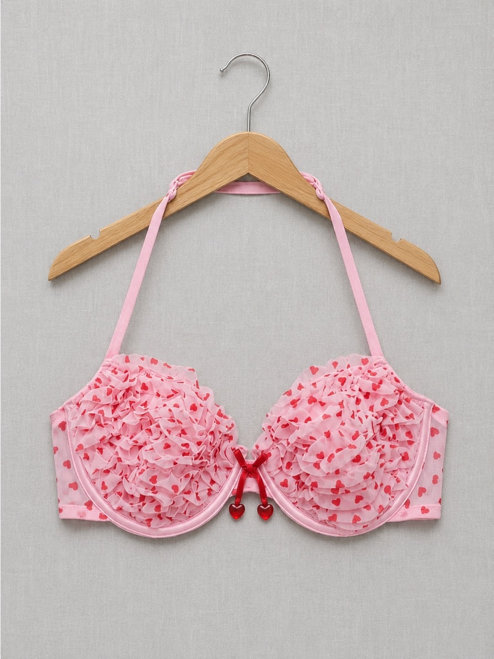 ๐3/33$ La SENZA Pink Ruffled Heart Print Push-Up Bra 32B - Picture 2 of 4